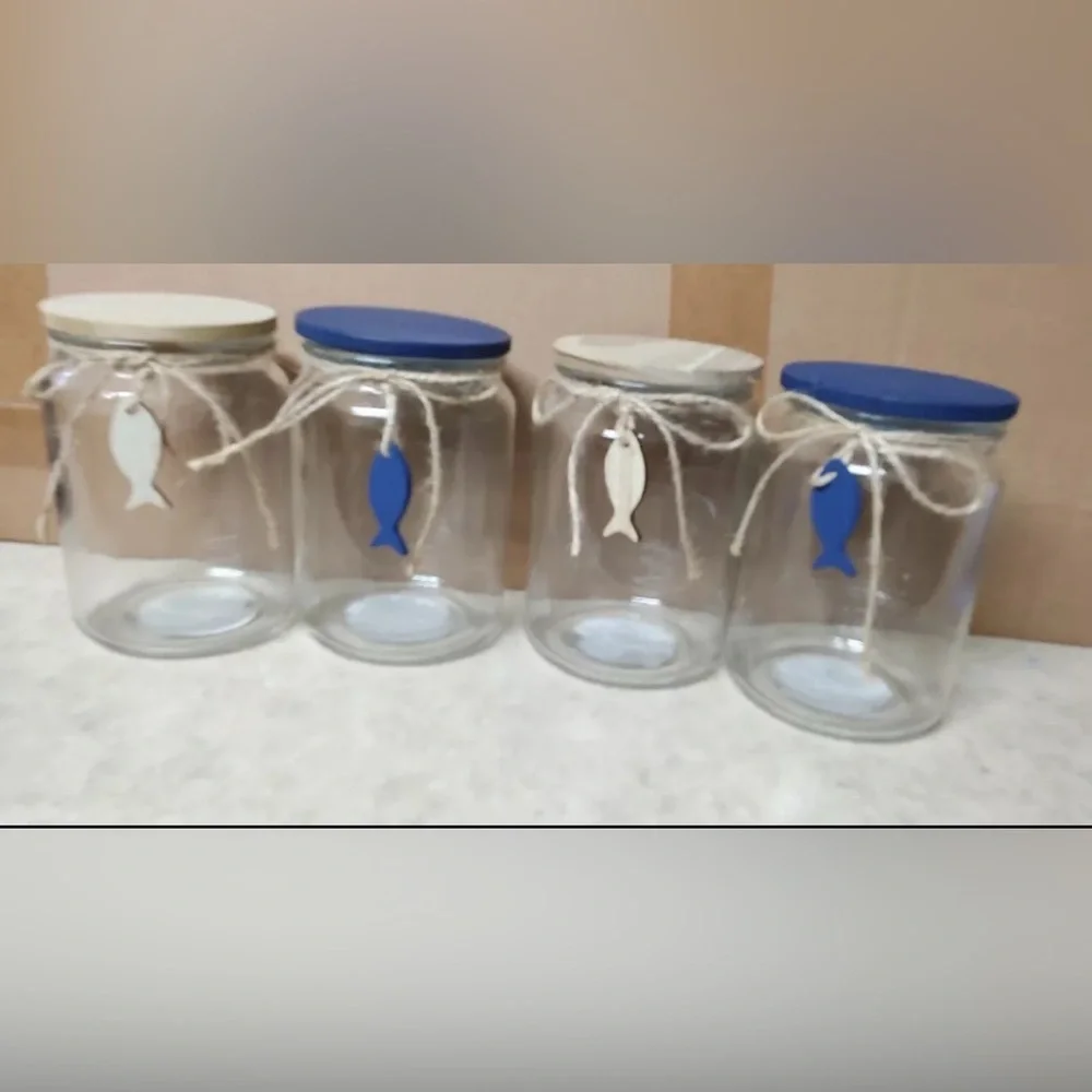4pk Clear Novelty Glass Jar Canisters Natural & Blue Fish Charm Beach Ocean 25oz